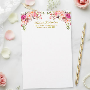 Aquarellfarbe Rosa Blütenrot Personalisiert Briefpapier