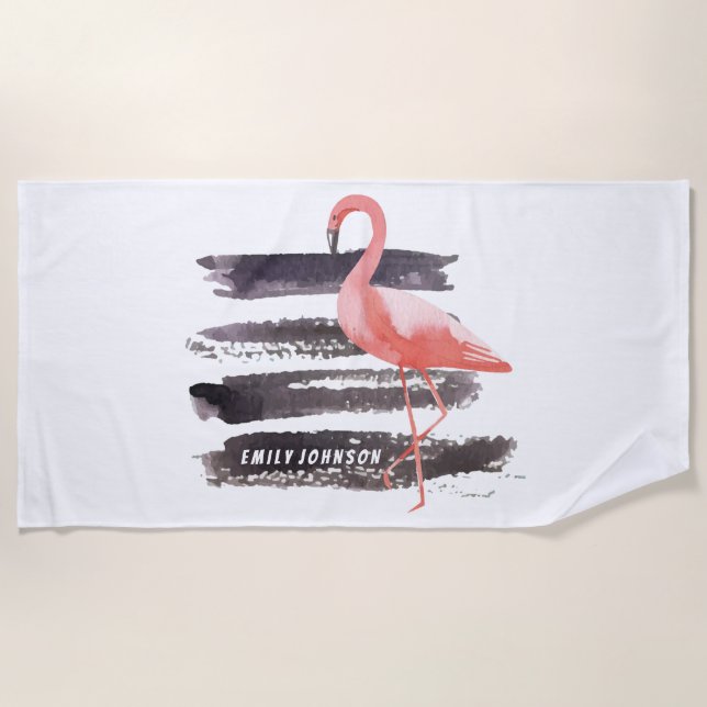 Aquarellfarbe Rosa Flamingo Pinselstriche Linie Cu Strandtuch (Vorderseite)