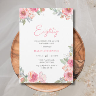Aquarellfarbe Rosa Floral 80. Chic Geburtstag Einladung