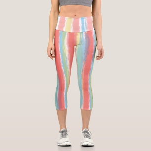 Aquarellfarbe Rosa Gelbe vertikale Streifen Capri Leggings