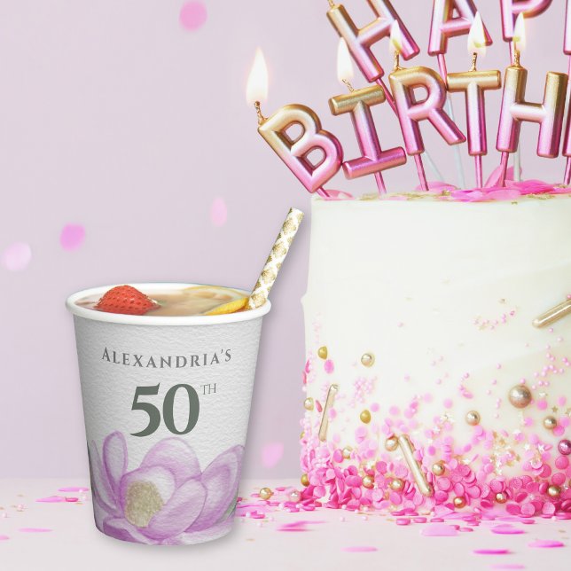 Aquarellfarbe Rosa Magnolia 50. Geburtstag Pappbecher (Watercolor Pink Magnolia 50th Birthday Paper Cups)