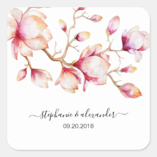 Aquarellfarbe Rosa Magnolia Blume Quadratischer Aufkleber