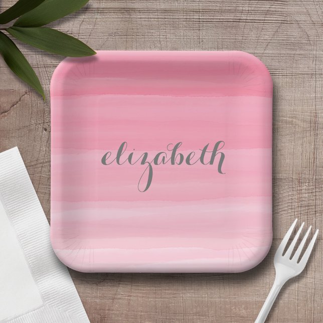 Aquarellfarbe Rosa Ombre Feminine Monogram Name Pappteller (Personalized party plates with a watercolor background and script name)