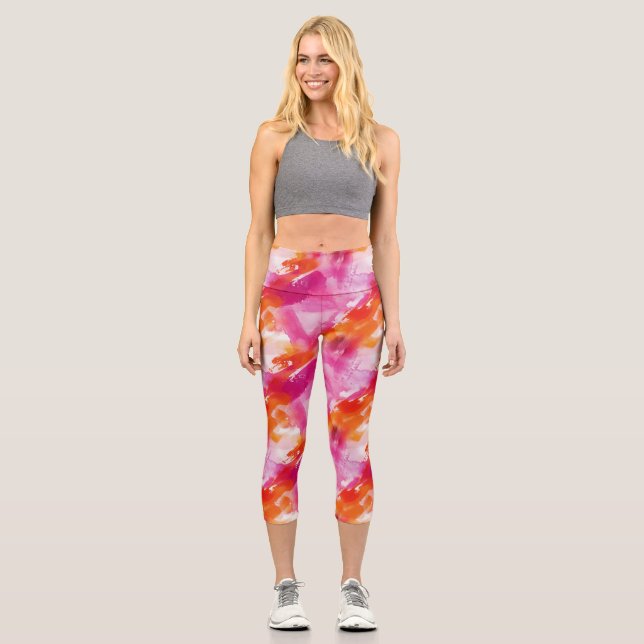 Aquarellfarbe Rosa Orange Abstrakt Capri Leggings (Vorderseite)