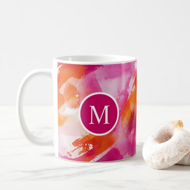 Aquarellfarbe Rosa Orange Abstrakt Kaffeetasse (Mit Donut)
