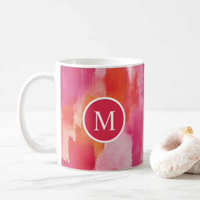 Aquarellfarbe Rosa Orange Abstrakt Kaffeetasse (Mit Donut)
