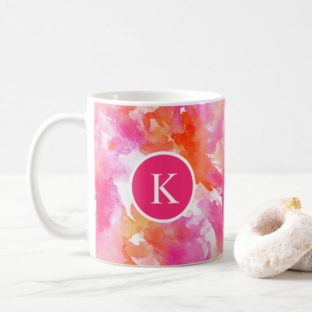 Aquarellfarbe Rosa Orange Abstrakt Kaffeetasse (Mit Donut)