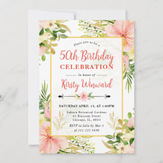 Aquarellfarbe Rosa Tropische Blume 50. Geburtstag Einladung