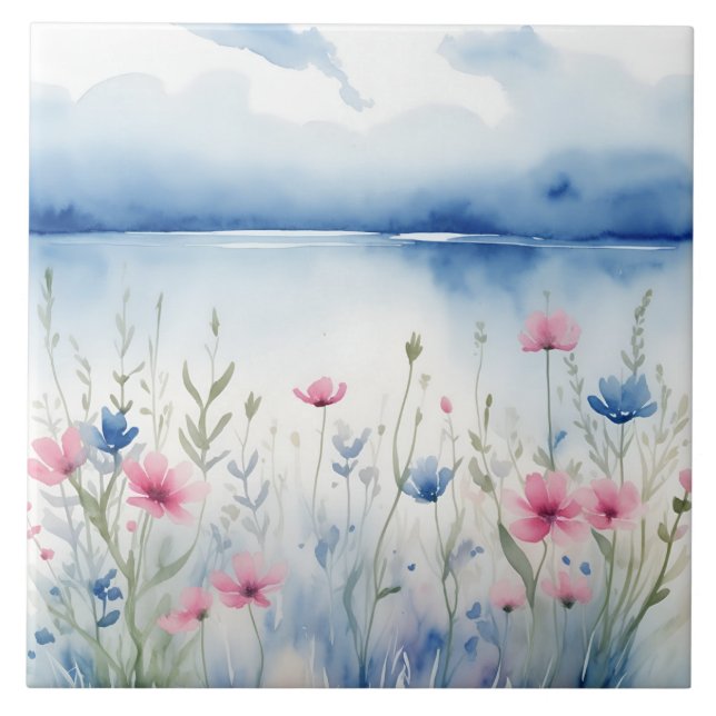 Aquarellfarbe Rosa und Blaue Wilde Blume Wildblume Fliese (Vorderseite)