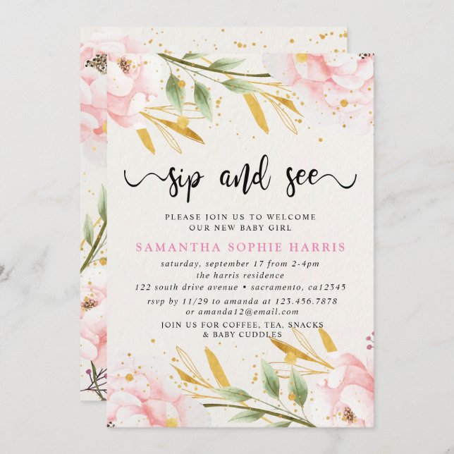 Aquarellfarbe Rosa und Gold Sippe und sehen Einladung (Vorne/Hinten)