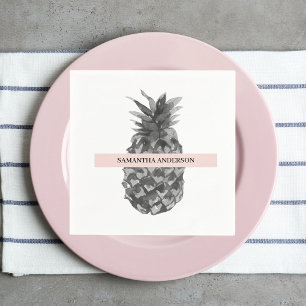Aquarellfarbe Rosa und Graue Ananas Ihr Name Serviette