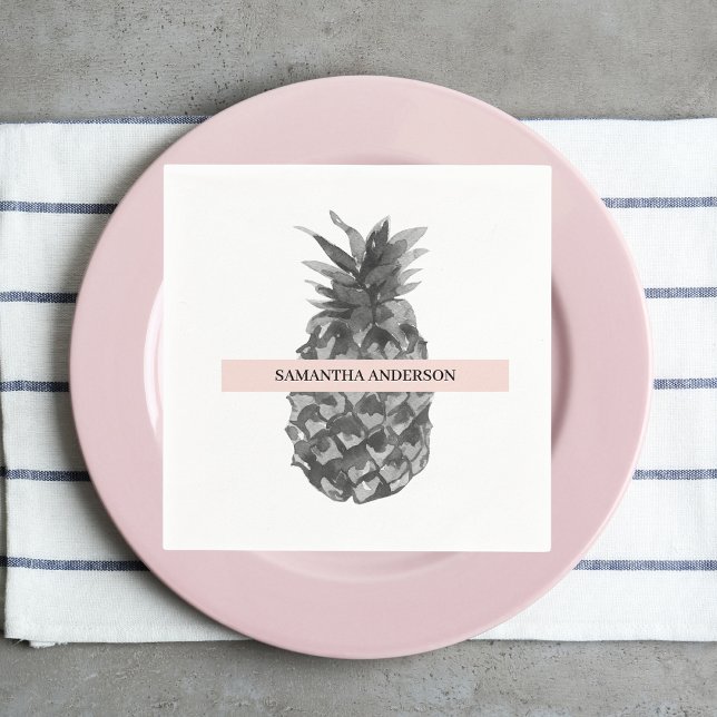 Aquarellfarbe Rosa und Graue Ananas | Ihr Name Serviette (Von Creator hochgeladen)