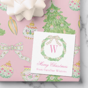 Aquarellfarbe Rosa und grüne Weihnachtsmonogramm Mitteilungskarte