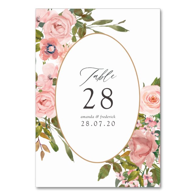 Aquarellfarbe Rosa und Rose Gold Rose Hochzeit Tischnummer (Vorderseite)