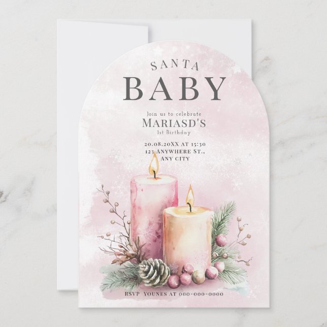 Aquarellfarbe Rosa WeihnachtenKerzen 1. Geburtstag Einladung (Vorderseite)