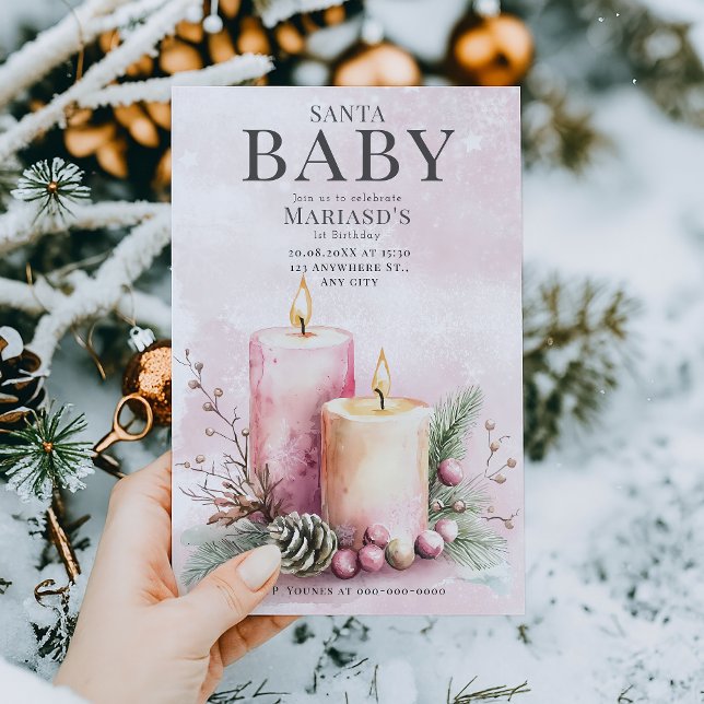 Aquarellfarbe Rosa WeihnachtenKerzen 1. Geburtstag Einladung (Von Creator hochgeladen)