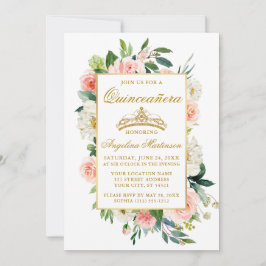 Aquarellfarbe Rosa Weiße Flora Quinceanera Gold Einladung