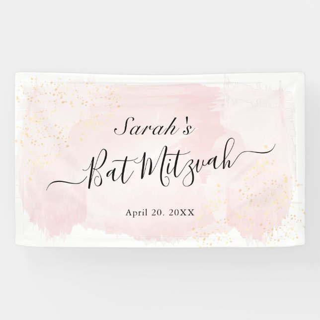 Aquarellfarbe Rosa x Gold Bat Mitzvah Banner (Horizontal)