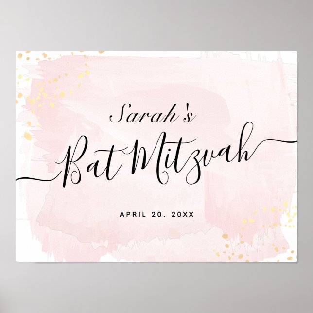 Aquarellfarbe Rosa x Gold Bat Mitzvah Begrüßungsze Poster (Vorne)