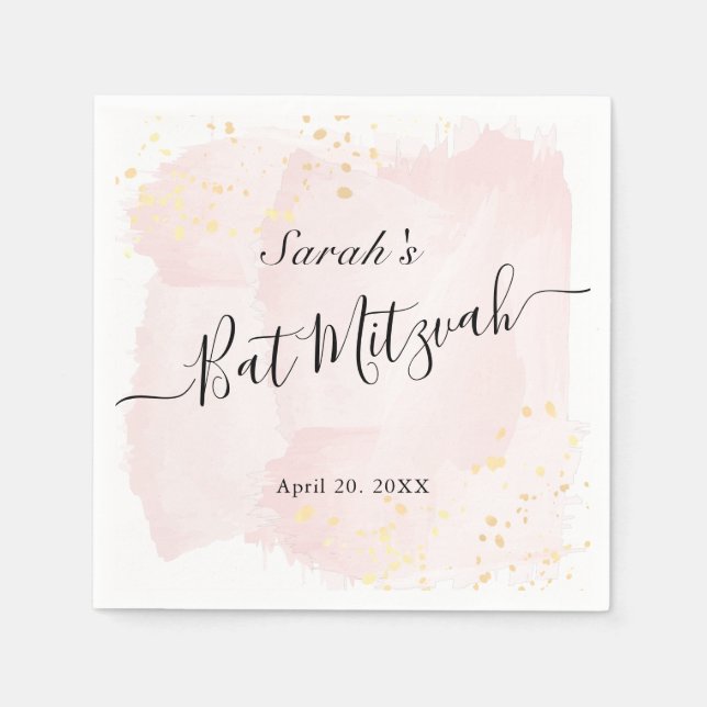 Aquarellfarbe Rosa x Gold Bat Mitzvah Serviette (Vorderseite)