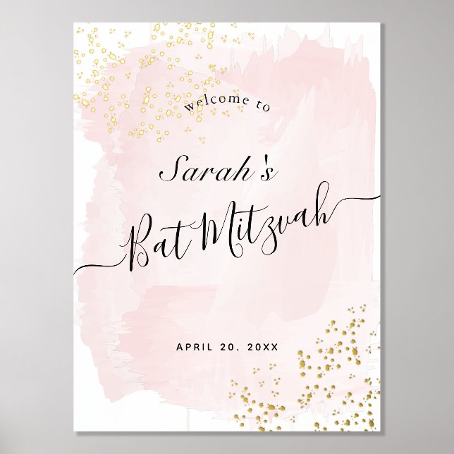 Aquarellfarbe Rosa x Gold Bat Mitzvah Willkommen Foliendrucke (Vorderseite)