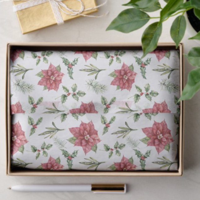 Aquarellfarbe Rote Poinsettias Holly Filet Weihnac Seidenpapier (Von Creator hochgeladen)