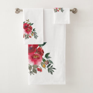 Aquarellfarbe und Rote Rosen auf weißem Badehandtu Badhandtuch Set