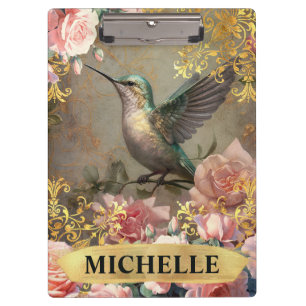 Aquarellfarbe Vintag Weißer Hummingvogel & Rosen Klemmbrett