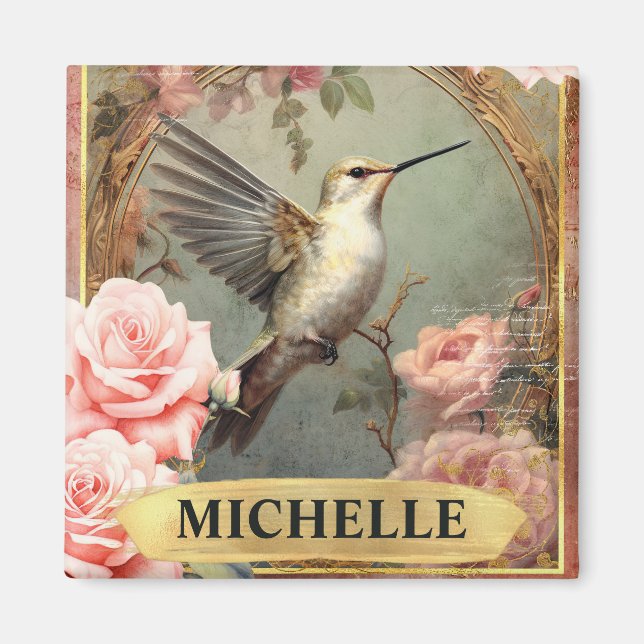 Aquarellfarbe Vintag Weißer Hummingvogel & Rosen Magnet (Vorne)