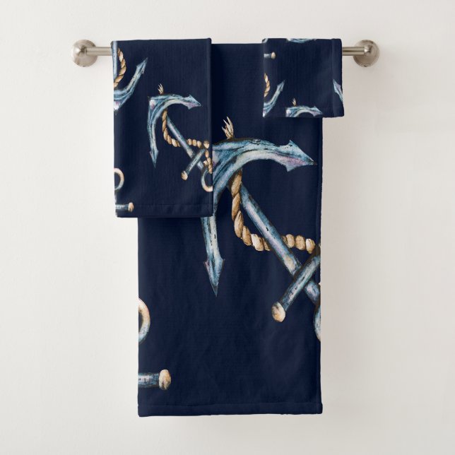 Aquarellfarben Anchors Navy Blue Badhandtuch Set (Insitu)