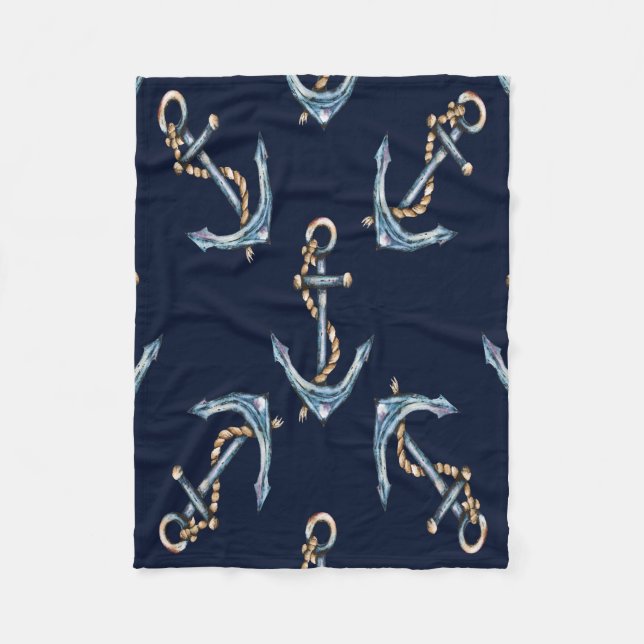 Aquarellfarben Anchors Navy Blue Fleecedecke (Vorderseite)