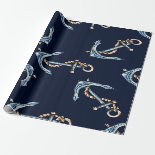 Aquarellfarben Anchors Navy Blue Geschenkpapier (Ungerollt)