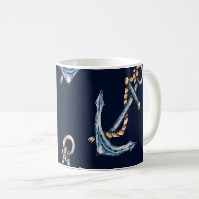 Aquarellfarben Anchors Navy Blue Kaffeetasse (VorderseiteRechts)