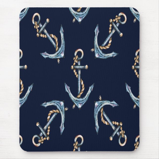 Aquarellfarben Anchors Navy Blue Mousepad (Vorne)