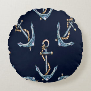 Aquarellfarben Anchors Navy Blue Rundes Kissen