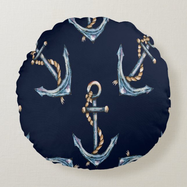Aquarellfarben Anchors Navy Blue Rundes Kissen (Vorderseite)