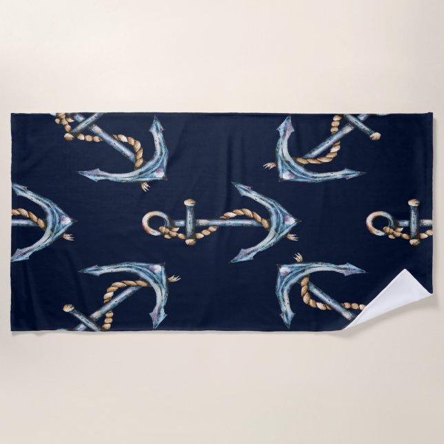 Aquarellfarben Anchors Navy Blue Strandtuch (Vorderseite)