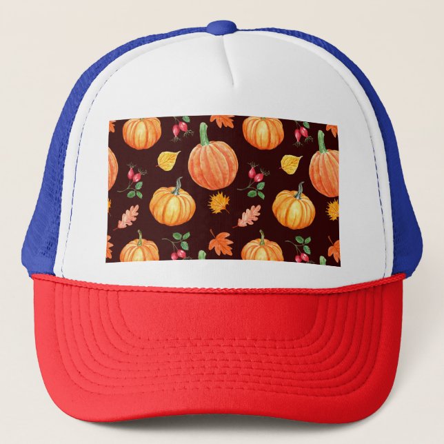 Aquarellfarben Autumn Pumpkin Floral Pattern Truckerkappe (Vorderseite)