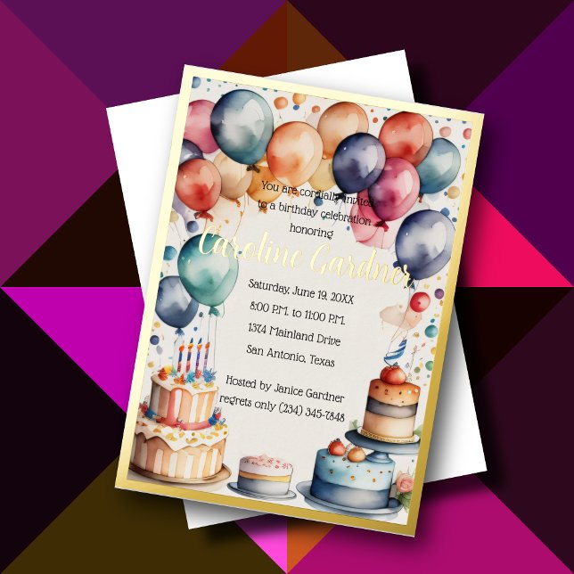 Aquarellfarben Birthday Balloons Cake Colorful Folieneinladung (Von Creator hochgeladen)
