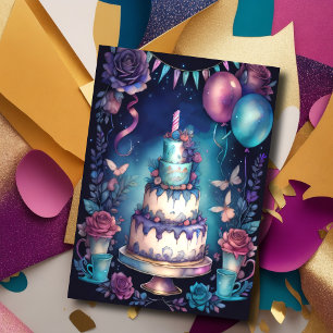 Aquarellfarben Birthday Balloons Cake Navy Lila Einladung