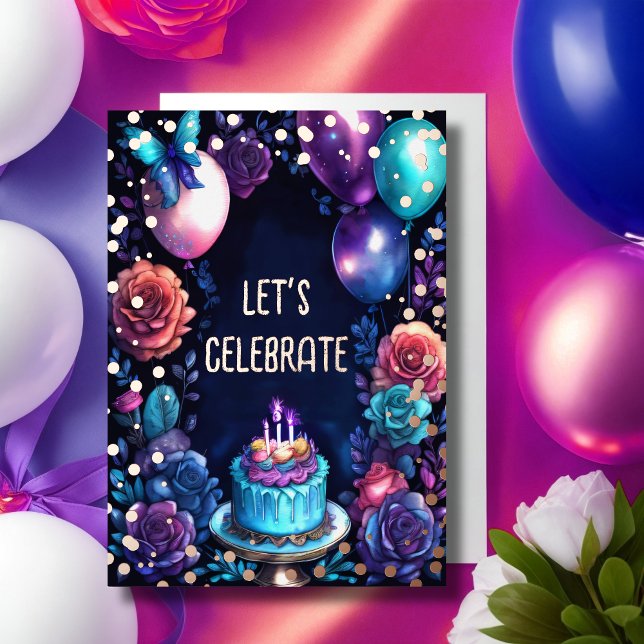 Aquarellfarben Birthday Balloons Cake Navy Lila Folieneinladung (Von Creator hochgeladen)