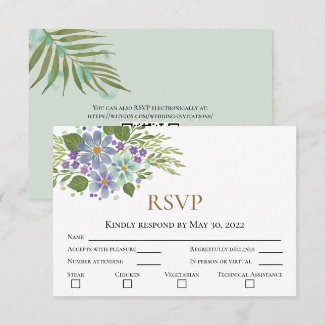 Aquarellfarben-Blätter 04b Hochzeitsszenario RSVP  Karte (Vorne/Hinten)