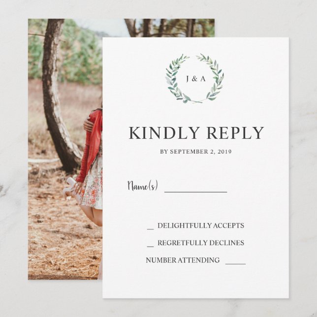 Aquarellfarben Blätter Monogramm Foto Hochzeit RSV Einladung (Vorne/Hinten)