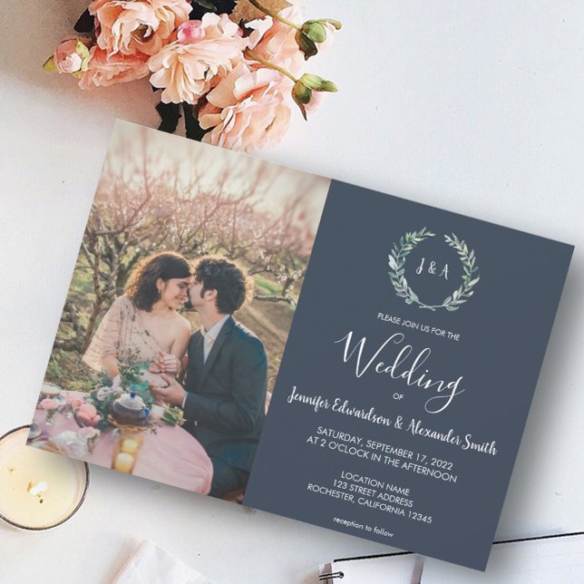 Aquarellfarben Blätter Monogramm Foto Marinebräu H Einladung (Von Creator hochgeladen)