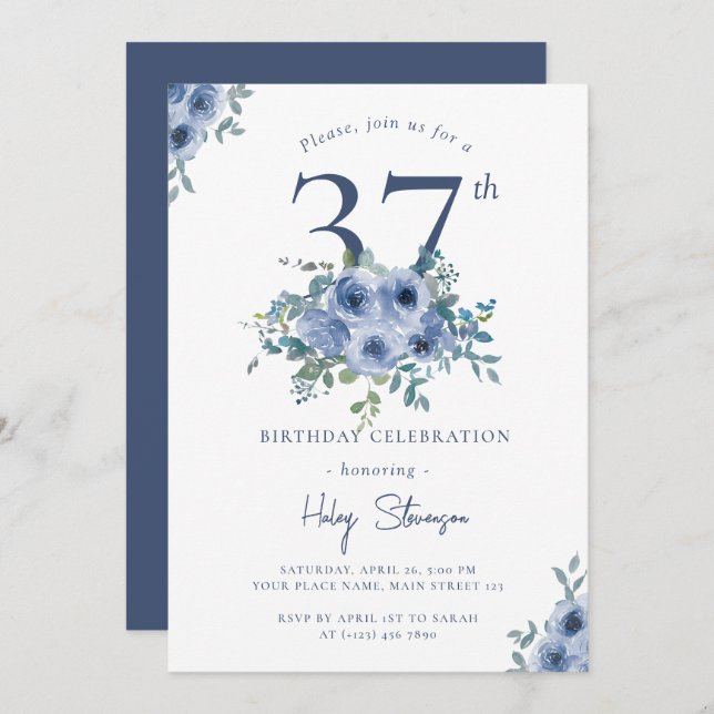 Aquarellfarben Blau Blütenblume 37. Chic Geburtsta Einladung (Vorne/Hinten)