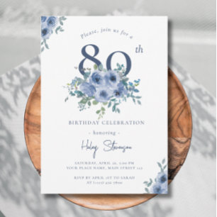 Aquarellfarben Blau Blütenblume 80. Chic Geburtsta Einladung