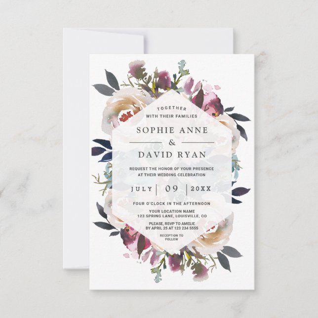 Aquarellfarben Blau Pink Blumenbraut Hochzeit Einladung (Vorderseite)