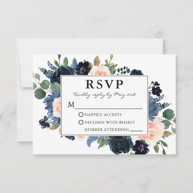 Aquarellfarben, blau-rosa, florale Rahmen Hochzeit RSVP Karte (Vorderseite)