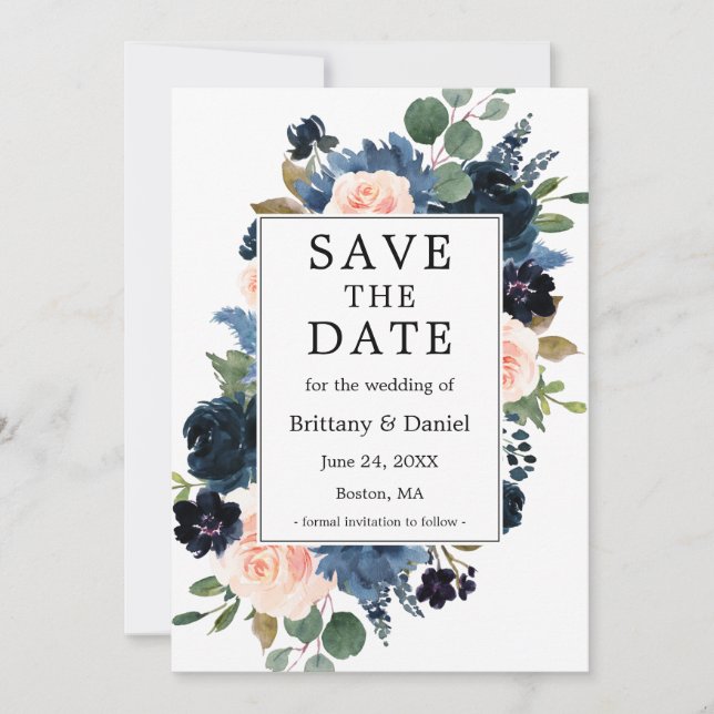 Aquarellfarben, blau rosa, florale Rahmen Save The Date (Vorderseite)