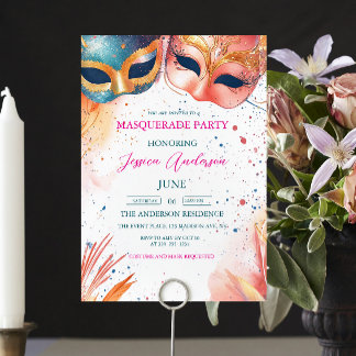 Aquarellfarben Blau und Rote Masquerade Party Gebu Einladung